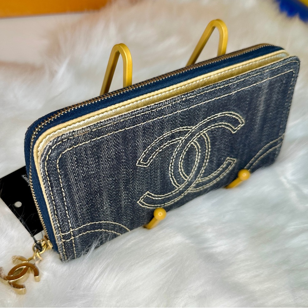 CHANEL Blue Denim Wallet with Gold Details